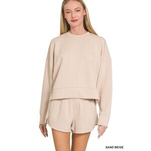 Zenana Scuba Long Sleeve Sweatshirt & Short Set Sand Beige NEW